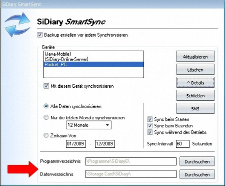 SiDiary SmartSync Einstellungen für PPC