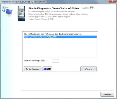 Datenübernahme vom Simple Diagnostics CleverChoice AC Voice ins Diabetes-Tagebuch
