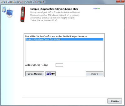 Datenübernahme vom Simple Diagnostics CleverChoice Mini ins Diabetes-Tagebuch